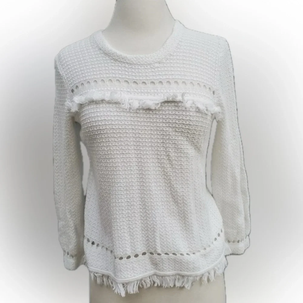 J Crew M Mercantile White Cut Out Sweater w/ Fringe In Excellent Condition! EUC - Picture 3 of 11